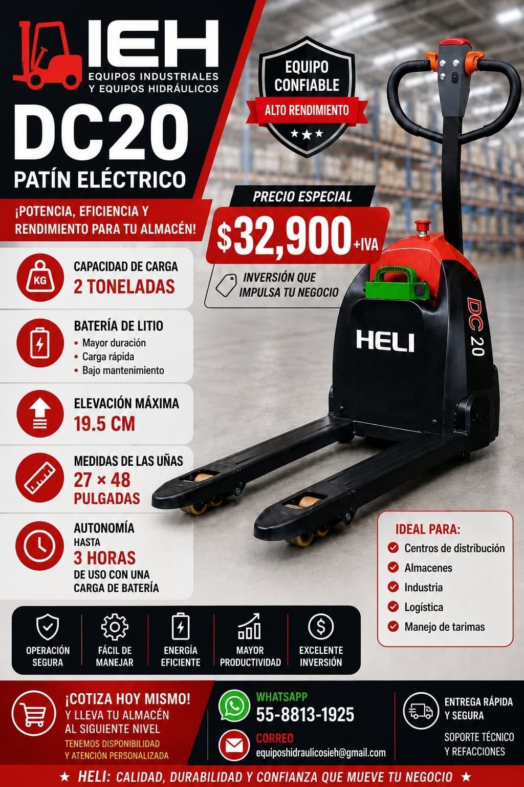Promoción: patín eléctrico DC20 HELI, capacidad 2 toneladas, batería de litio, precio especial $32,900 + IVA